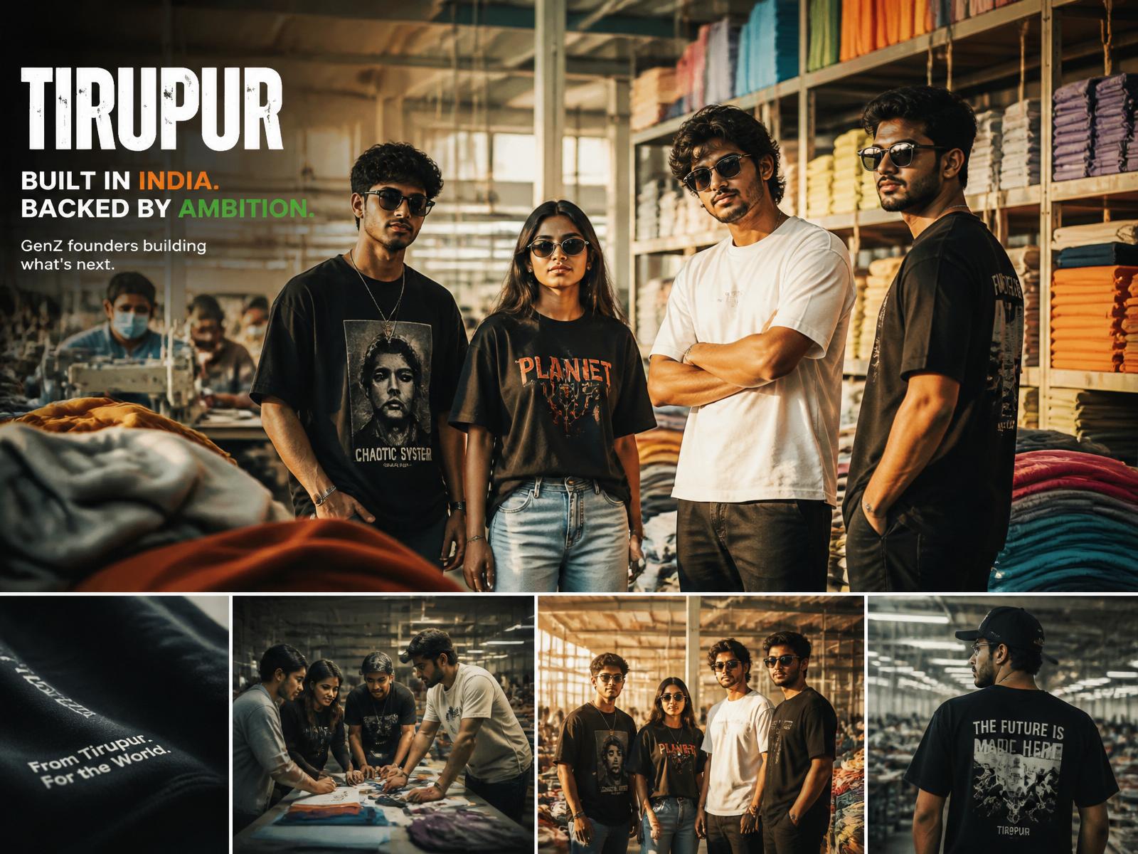 Young founders inside a Tirupur t-shirt factory